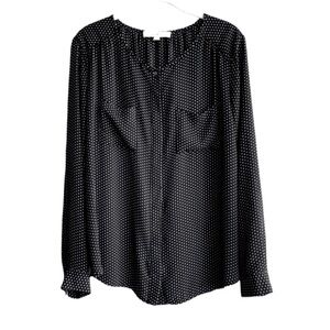 LOFT Long Sleeve Button Down Blouse Pockets Dot Print Black White Size M